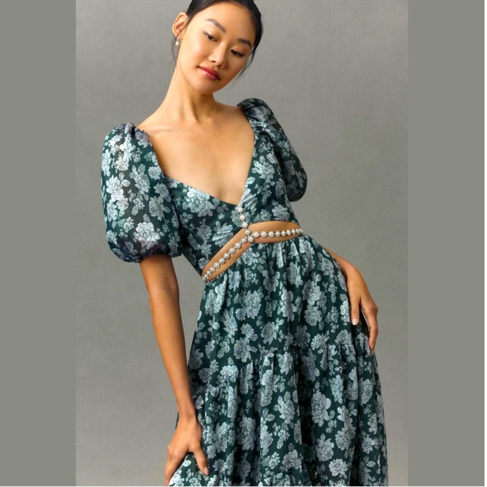 V. Chapman Green Floral Maxi Dress with White Floral Print